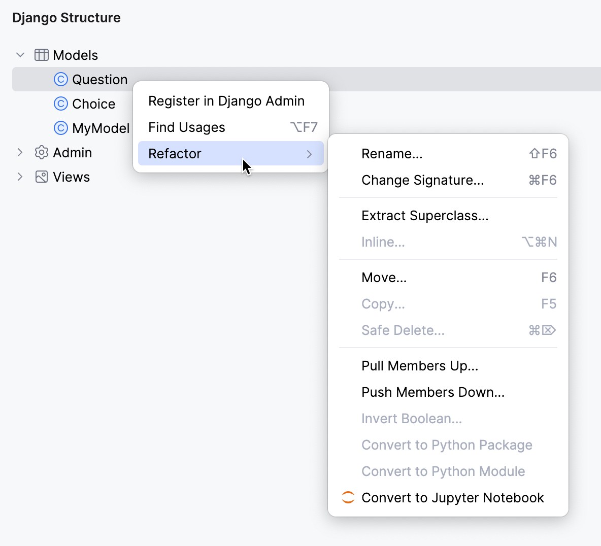 Refactoring a model in the Django Structure tool window