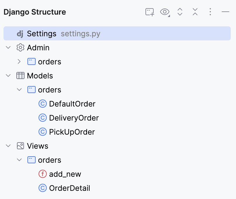 Django structure tool window opened