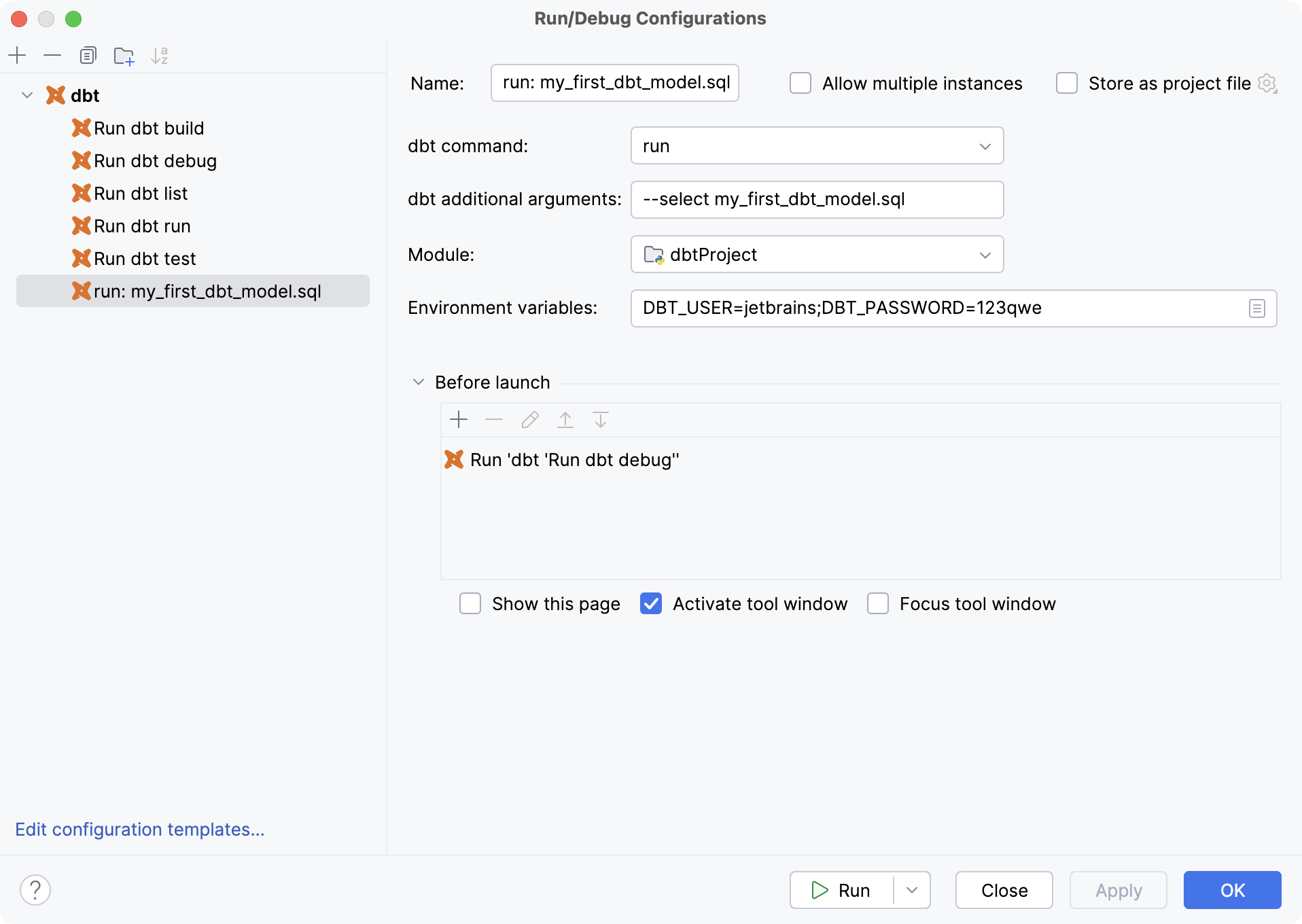 dbt configuration settings