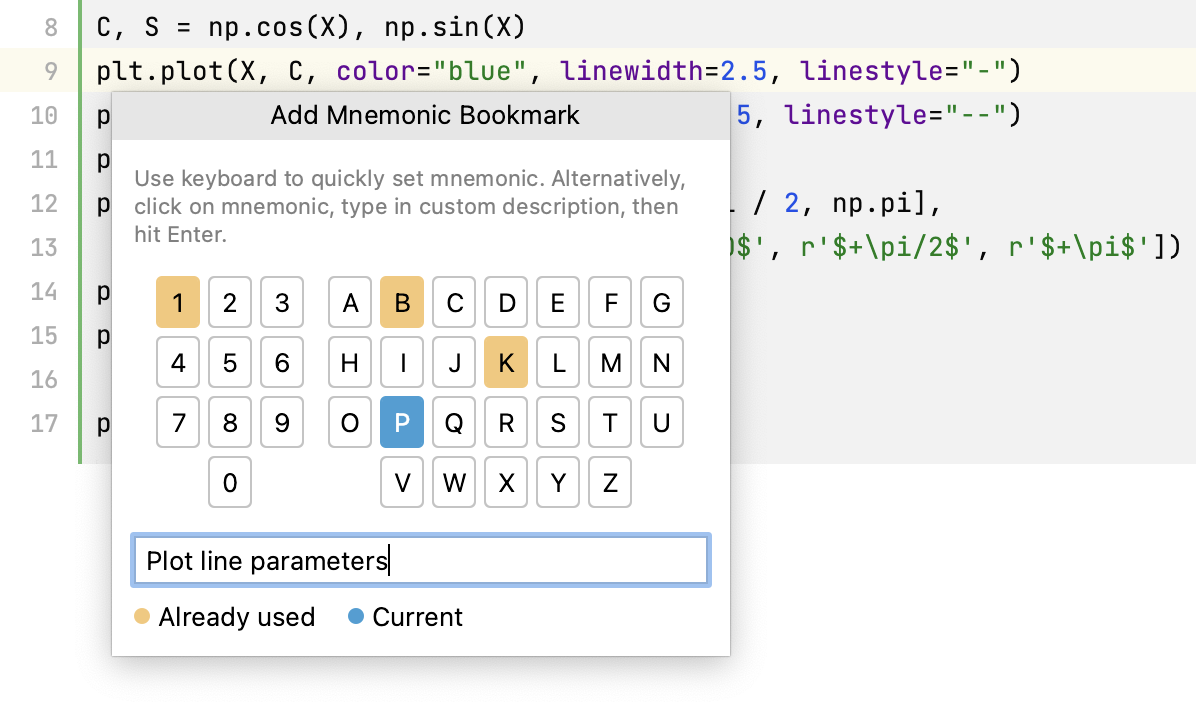 Adding a mnemonic bookmark: select an identifier