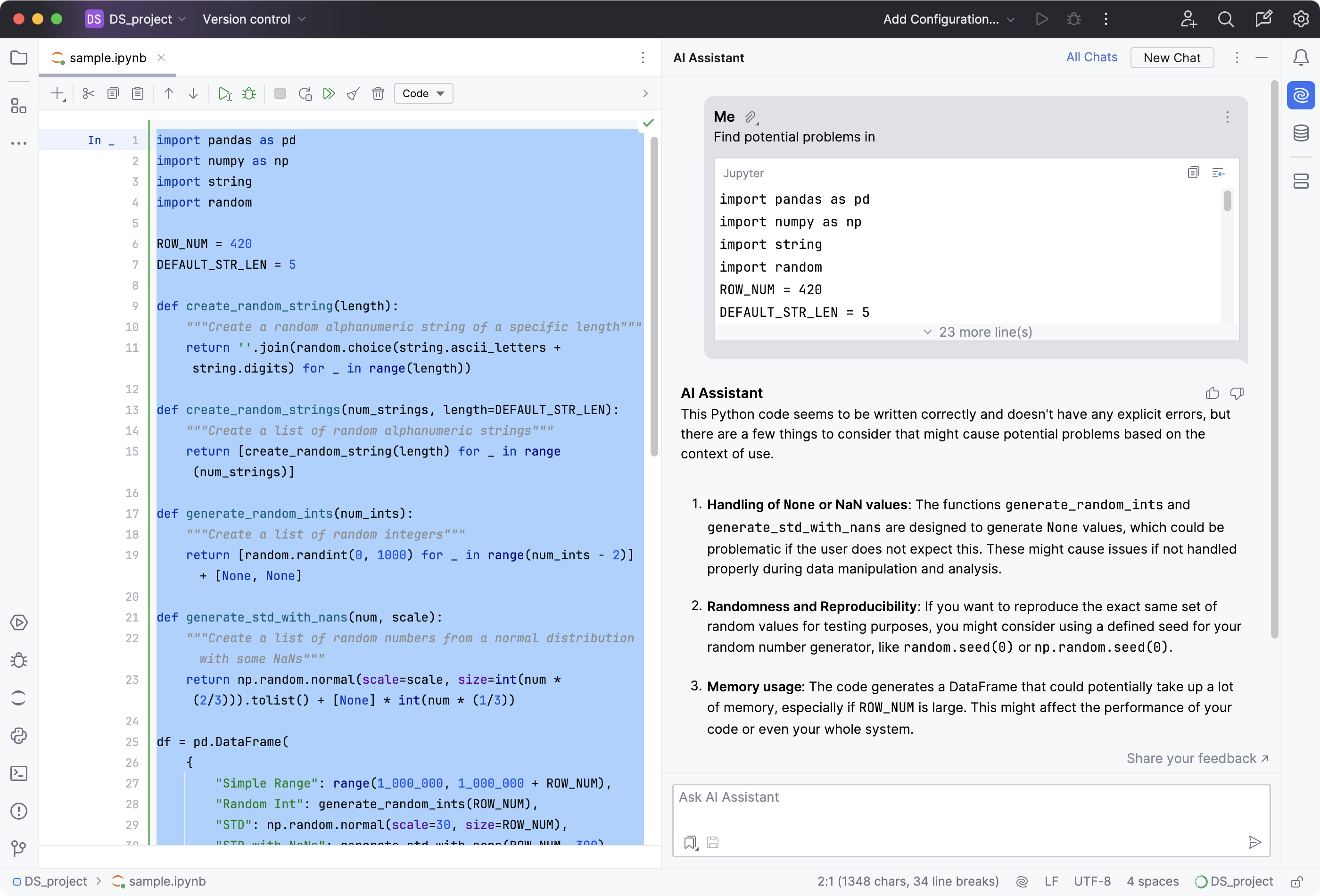 DataSpell: AI Assistant finds potential problems in the selected code