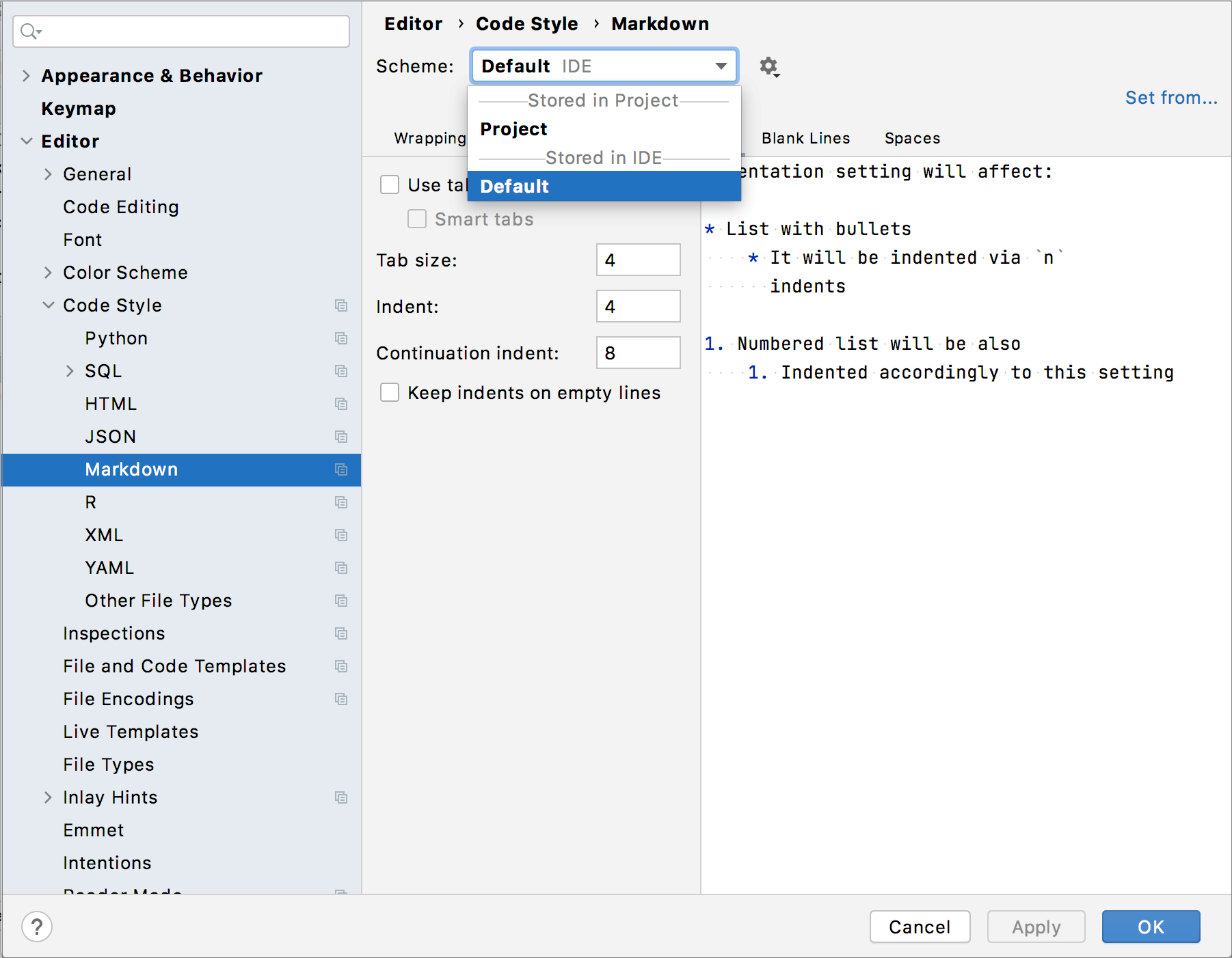 Select a scheme for the code style settings