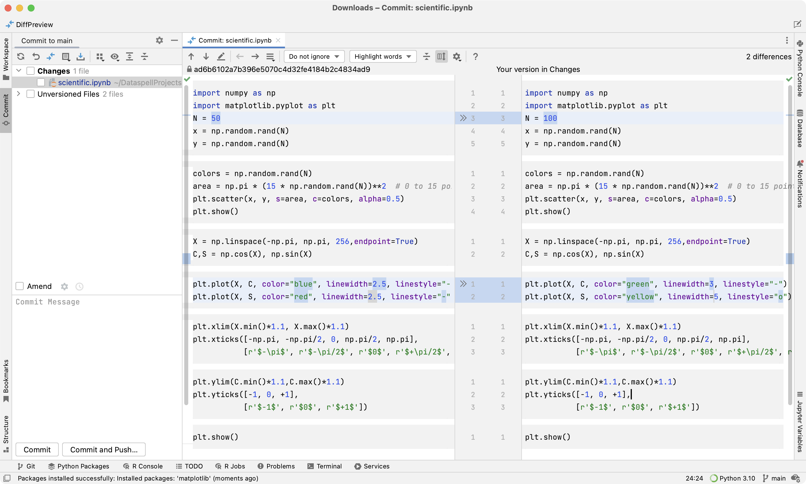 Viewing changes from the Commit tool window