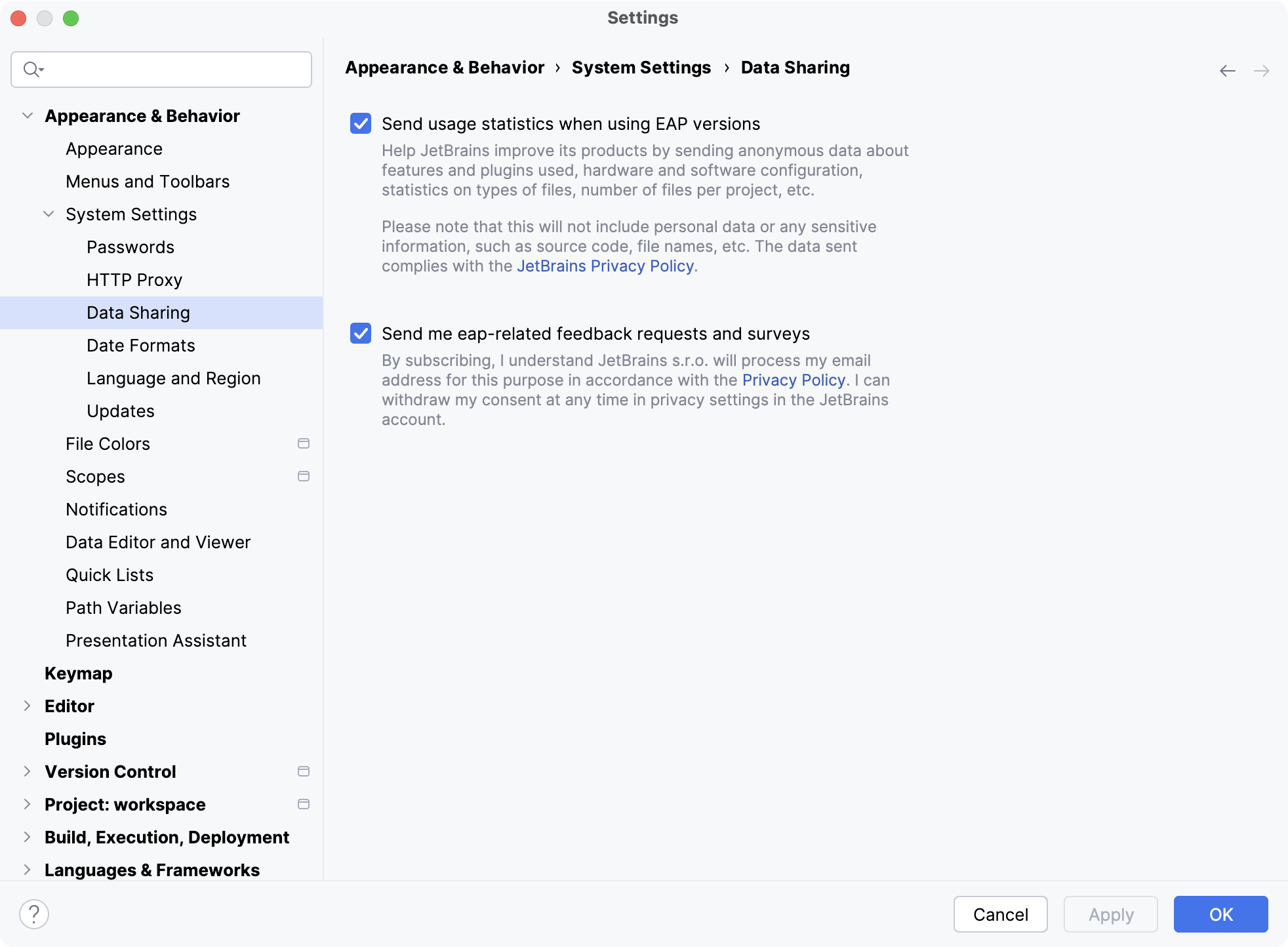 Data Sharing dialog: Release