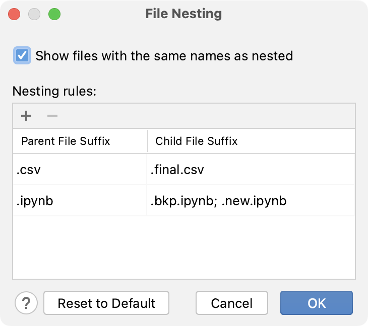 the File Nesting dialog