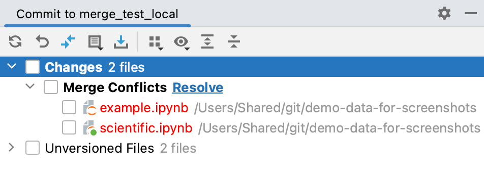 The Merge Conflicts node in the Local Changes view