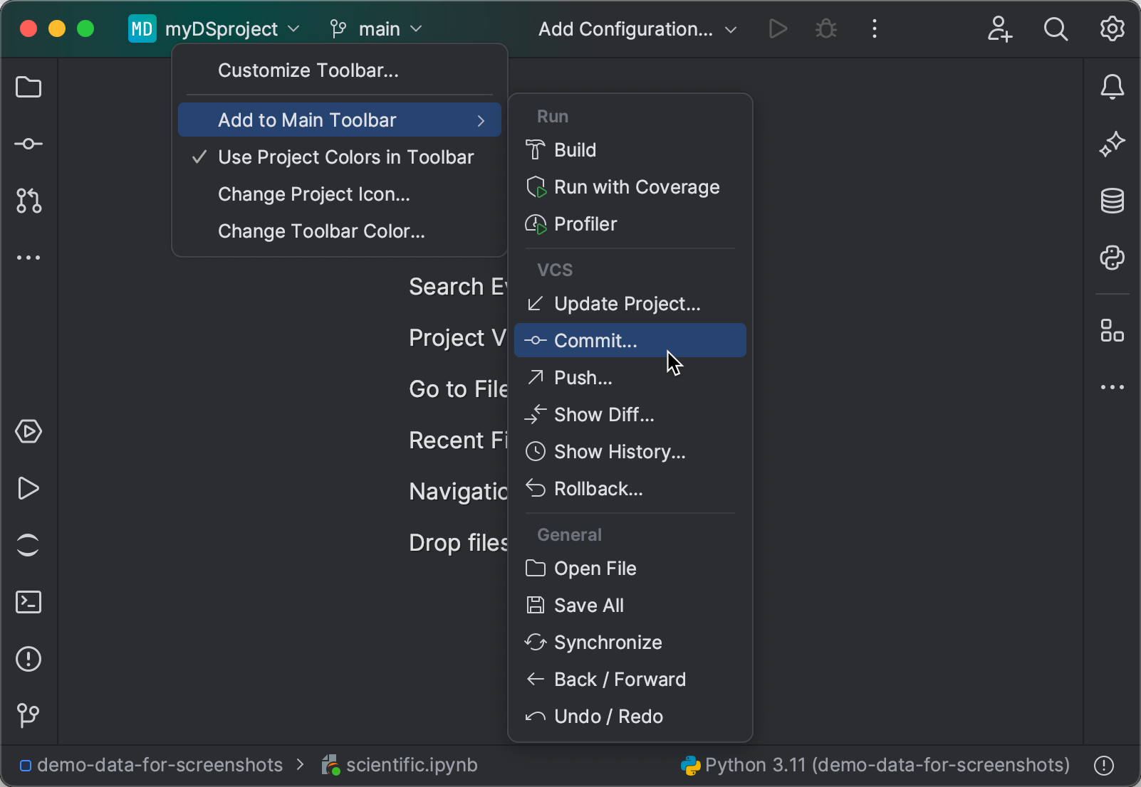 Menus and toolbars | DataSpell Documentation