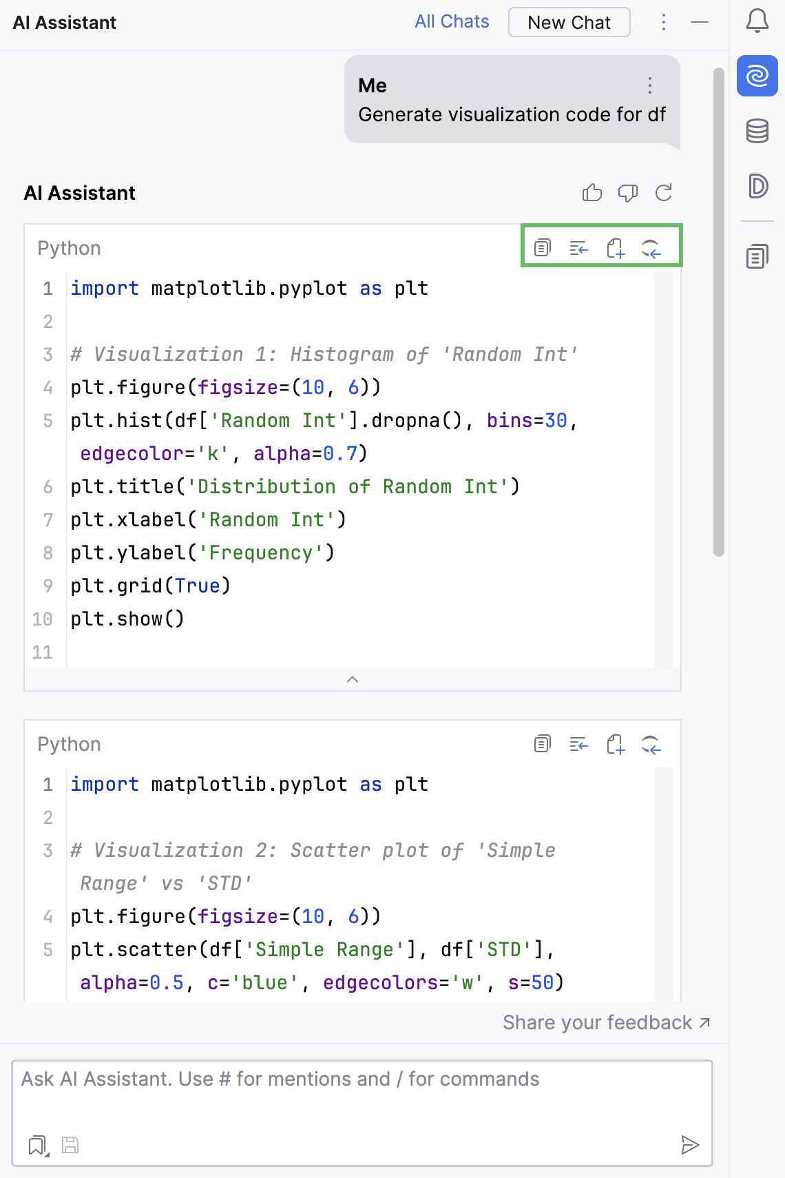 Visualization code snippets generated by AI Assistant