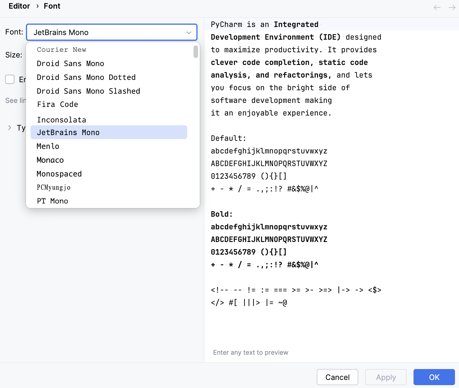 The Font settings page