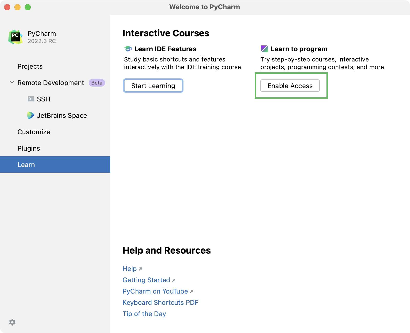 Enable educational features in PyCharm