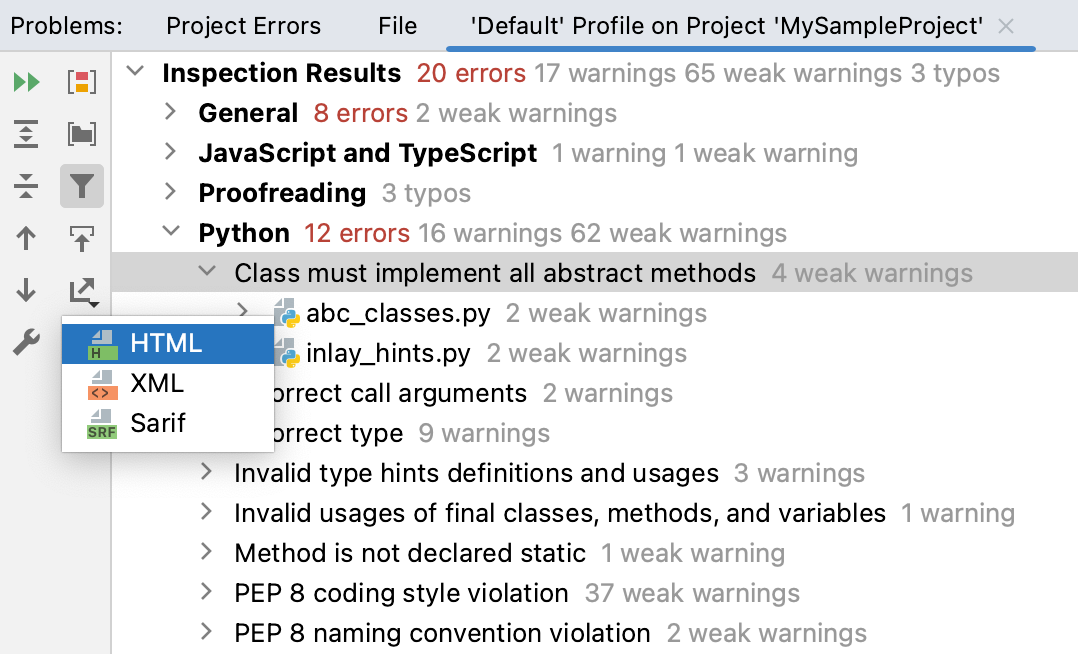 The Export button in the Inspection Results tool window