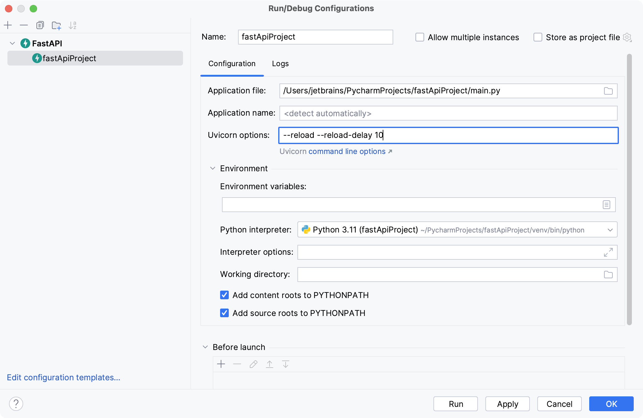 FastAPI run/debug configuration