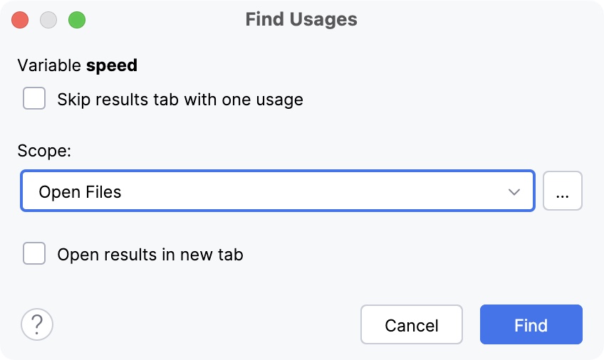 Find Usages dialog (Change Scope)