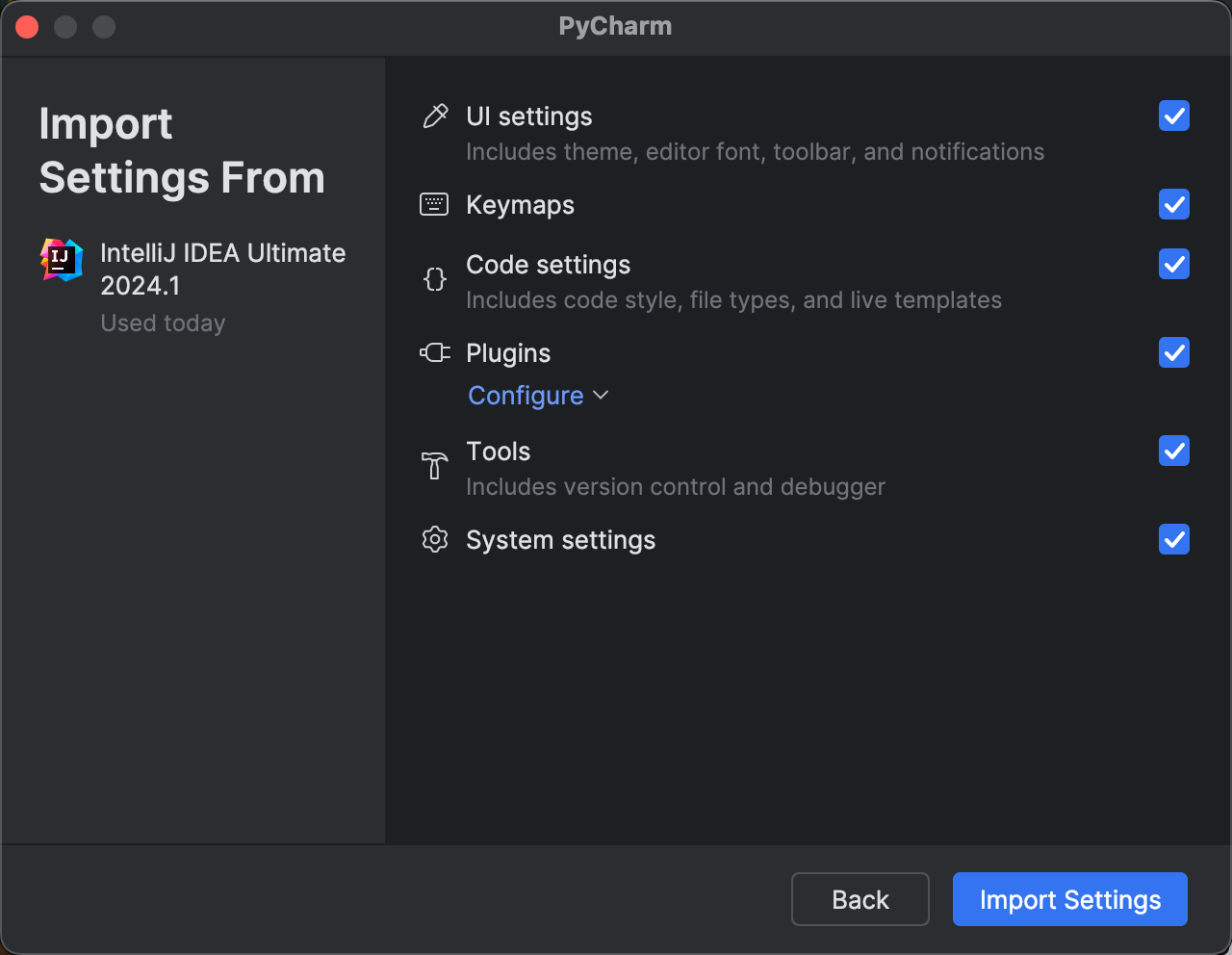 JetBrains IDE settings selection