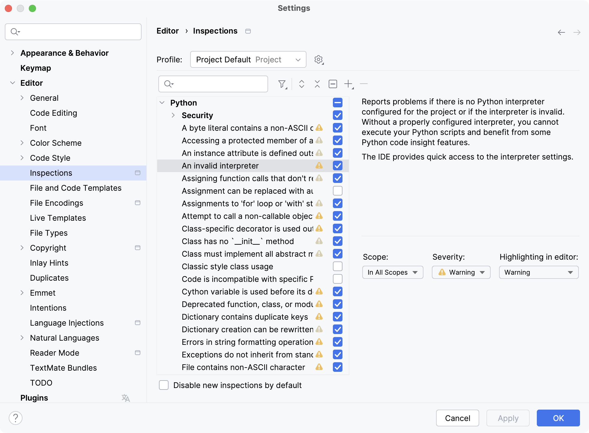 The list of inspections and their settings