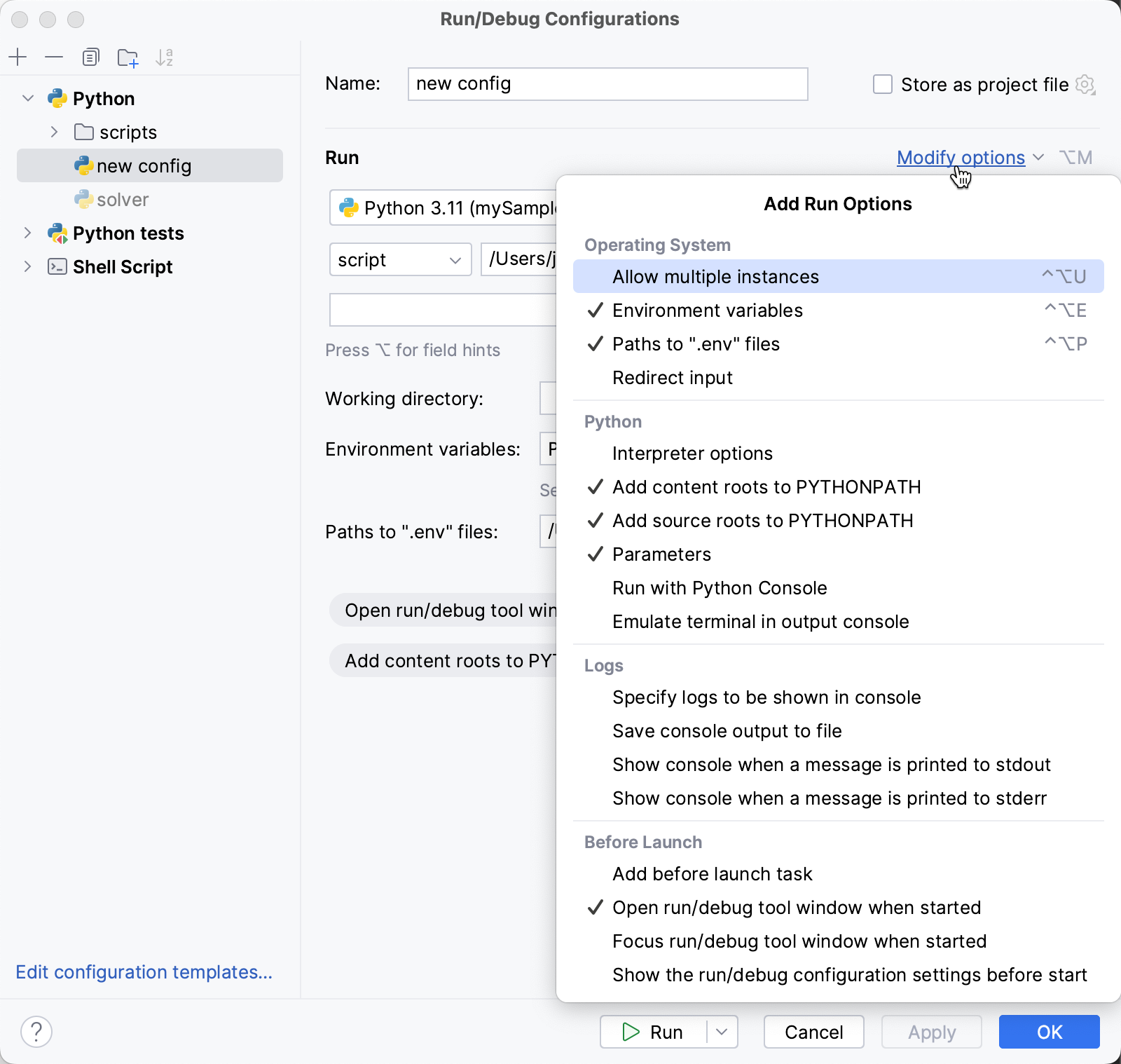 Enabling optional parameters for a Python run configuration