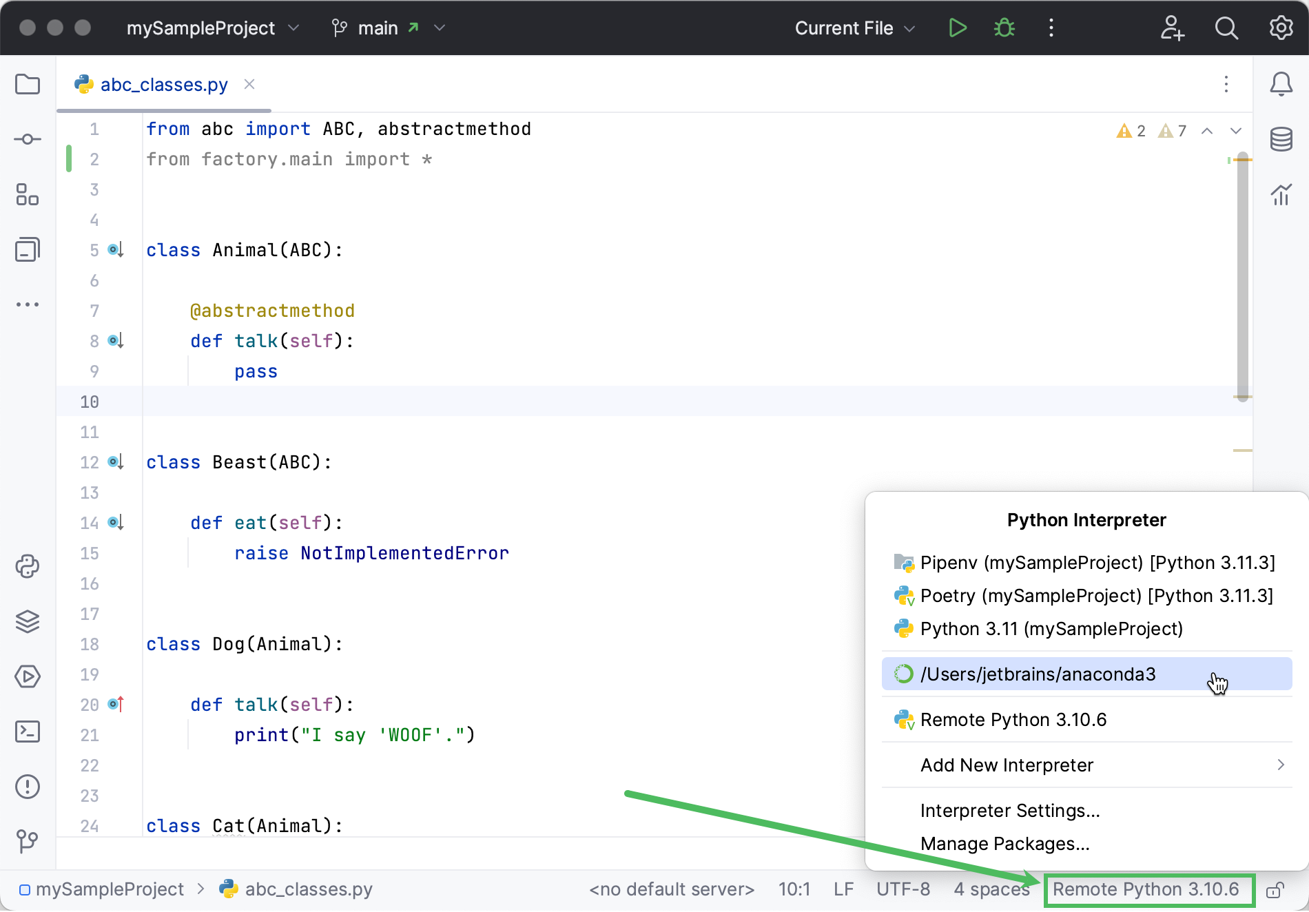 Project interpreter selector