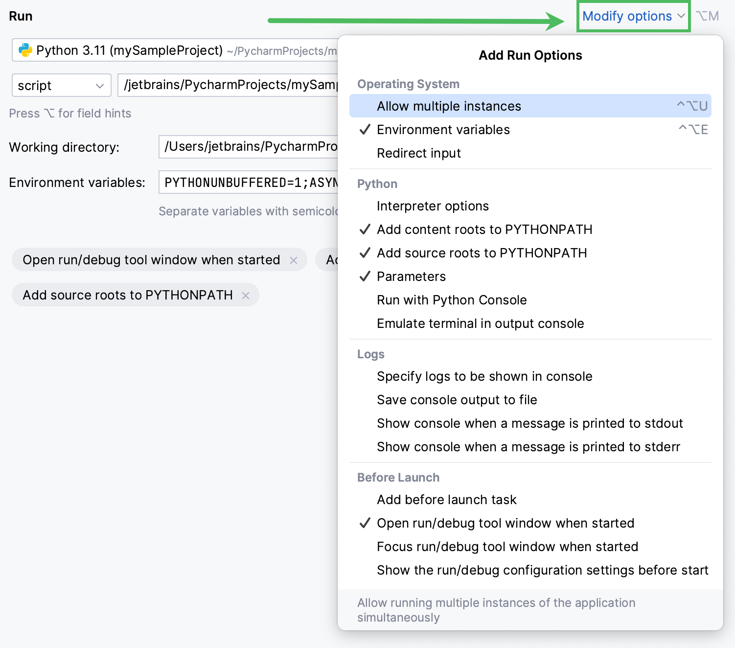 Adding an option to the run configuration