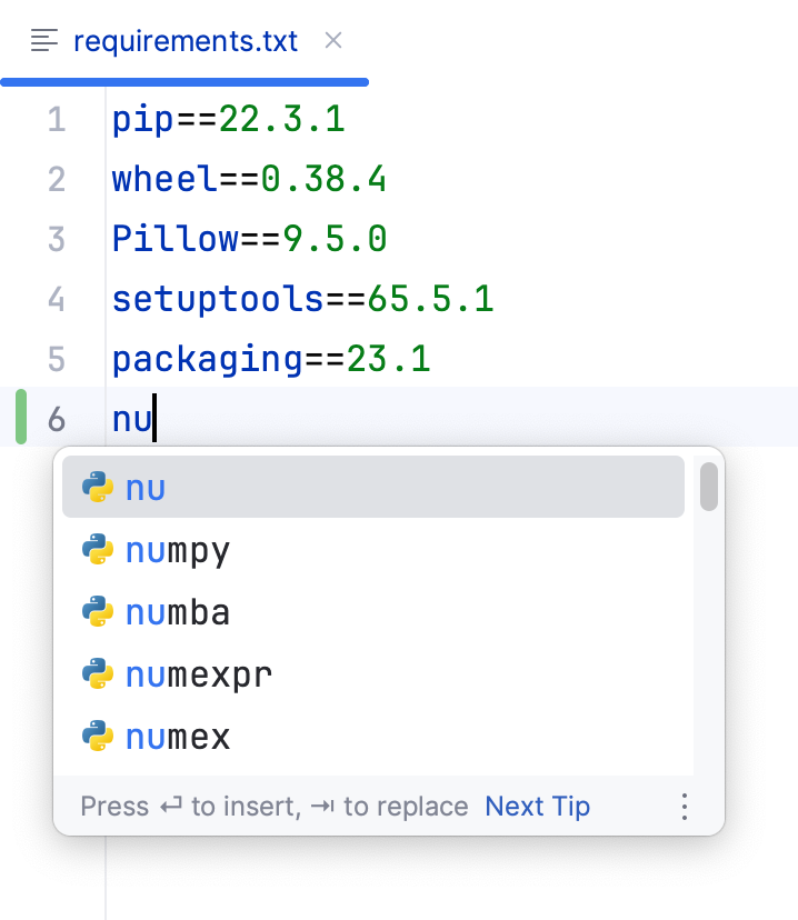 Code completion for packages names in requirements.txt