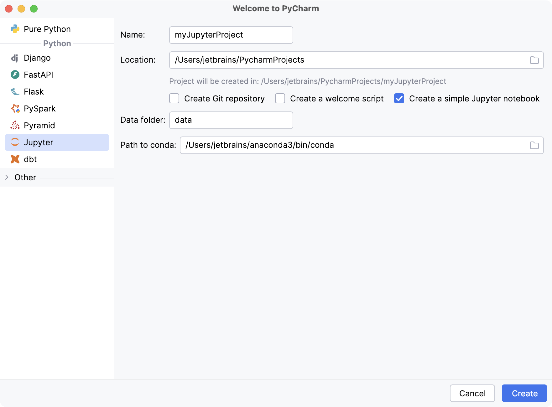 Creating a new Jupyter project in PyCharm