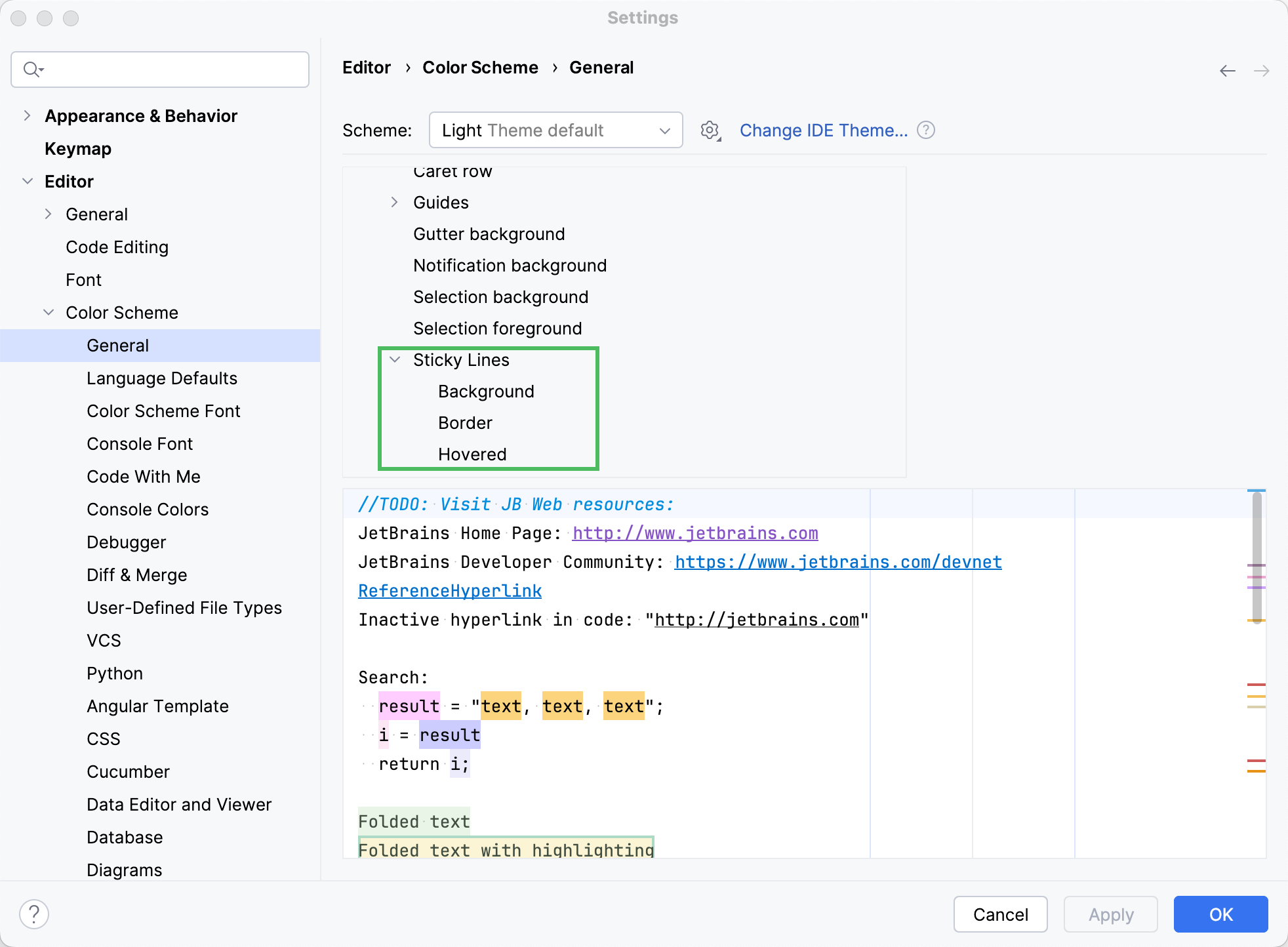 Sticky lines color scheme settings