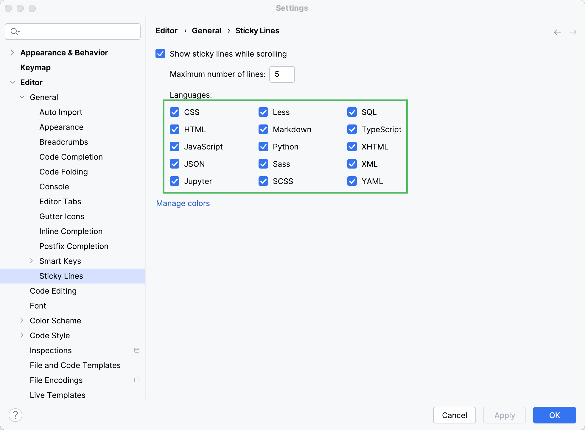 Disable sticky lines for specific language