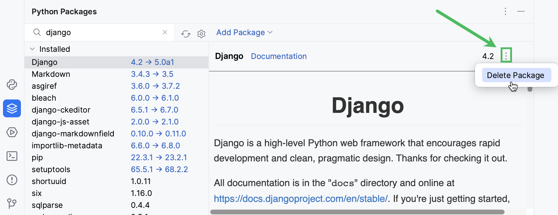 Uninstalling a package in the Python Packages tool window