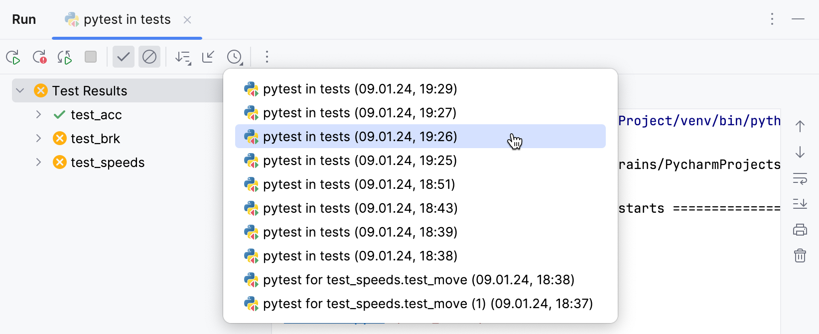 Viewing results of previous tests