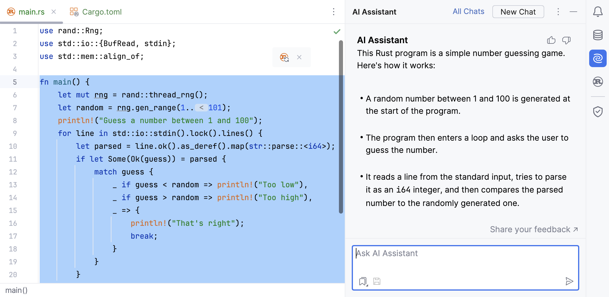 RustRover AI Assistant explains code