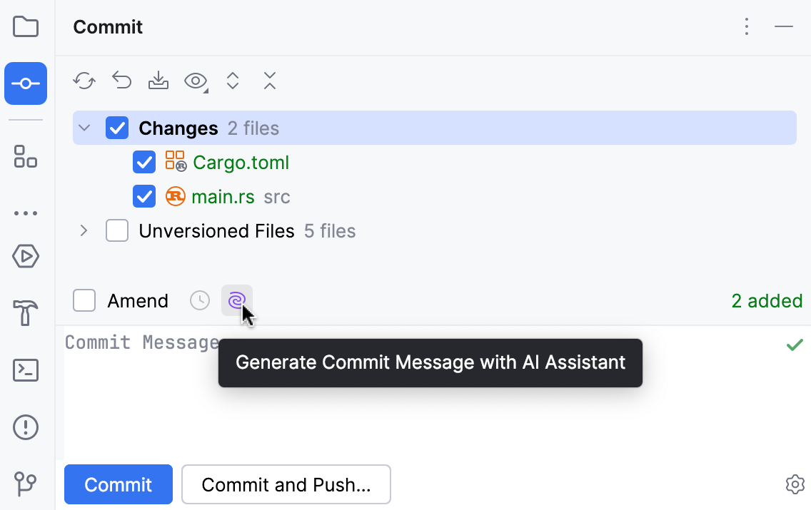 RustRover: AI Assistant generates commit messages