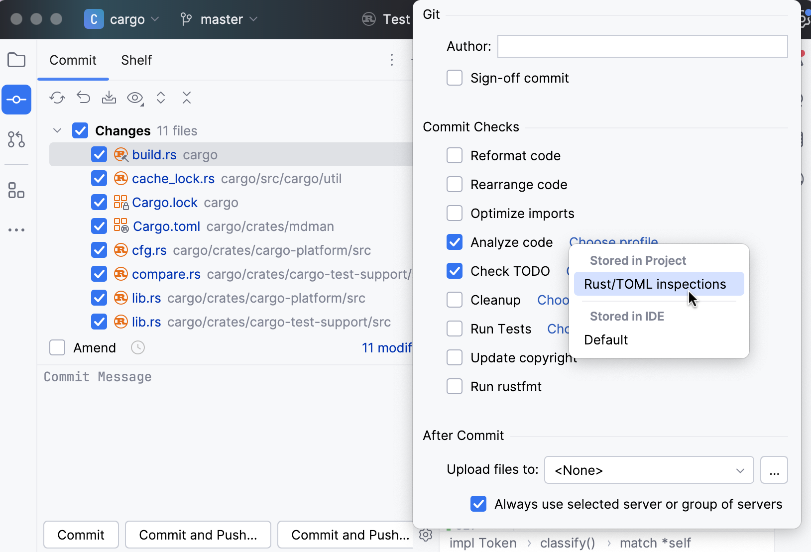 Run inspections before commit: Commit tool window