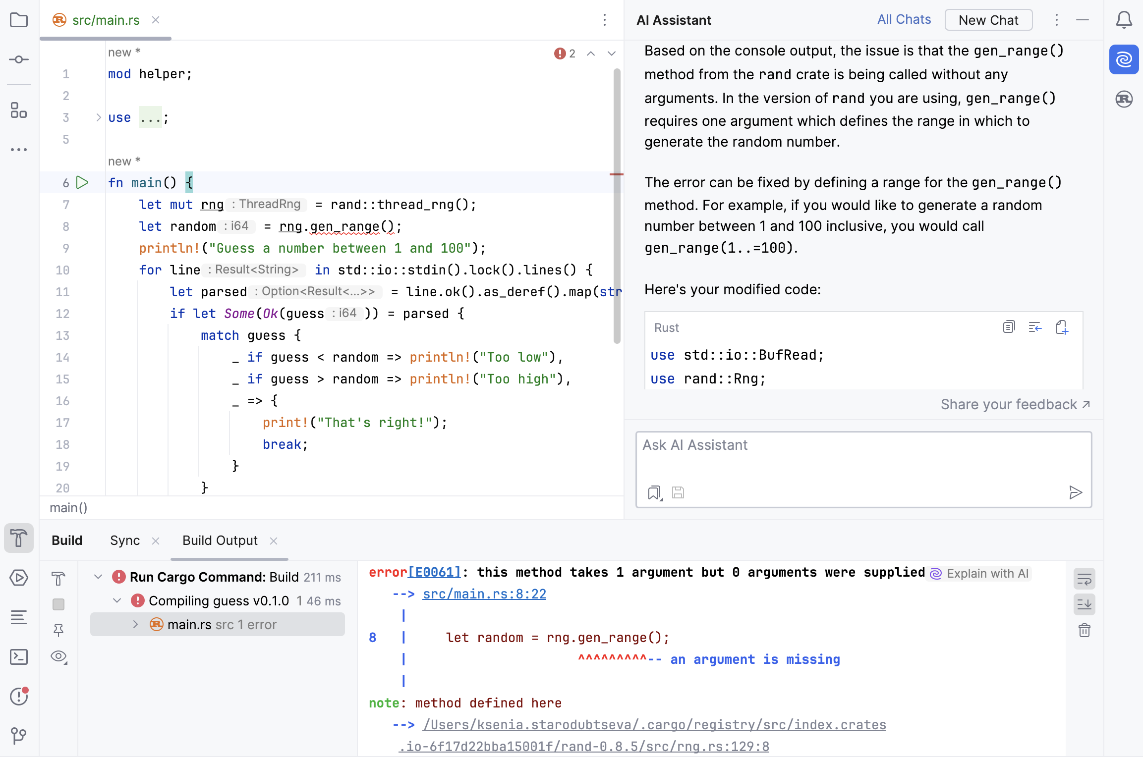 AI Assistant tool window with an explanation of the compilation error