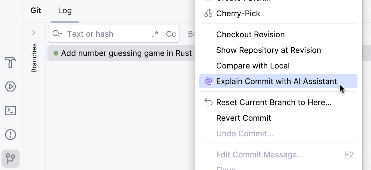 Explain Commit with AI Assistant option in VCS log