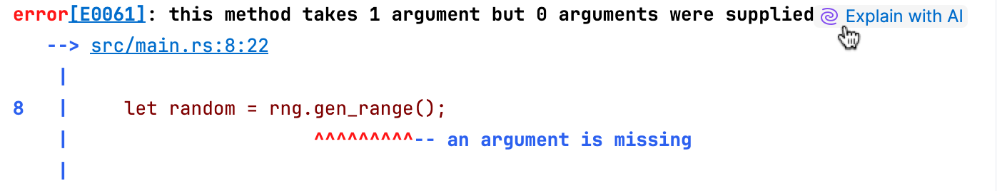 RustRover: Explain compilation error with AI