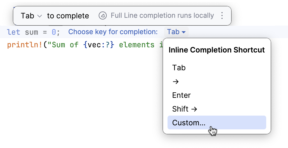 Full line code completion popup