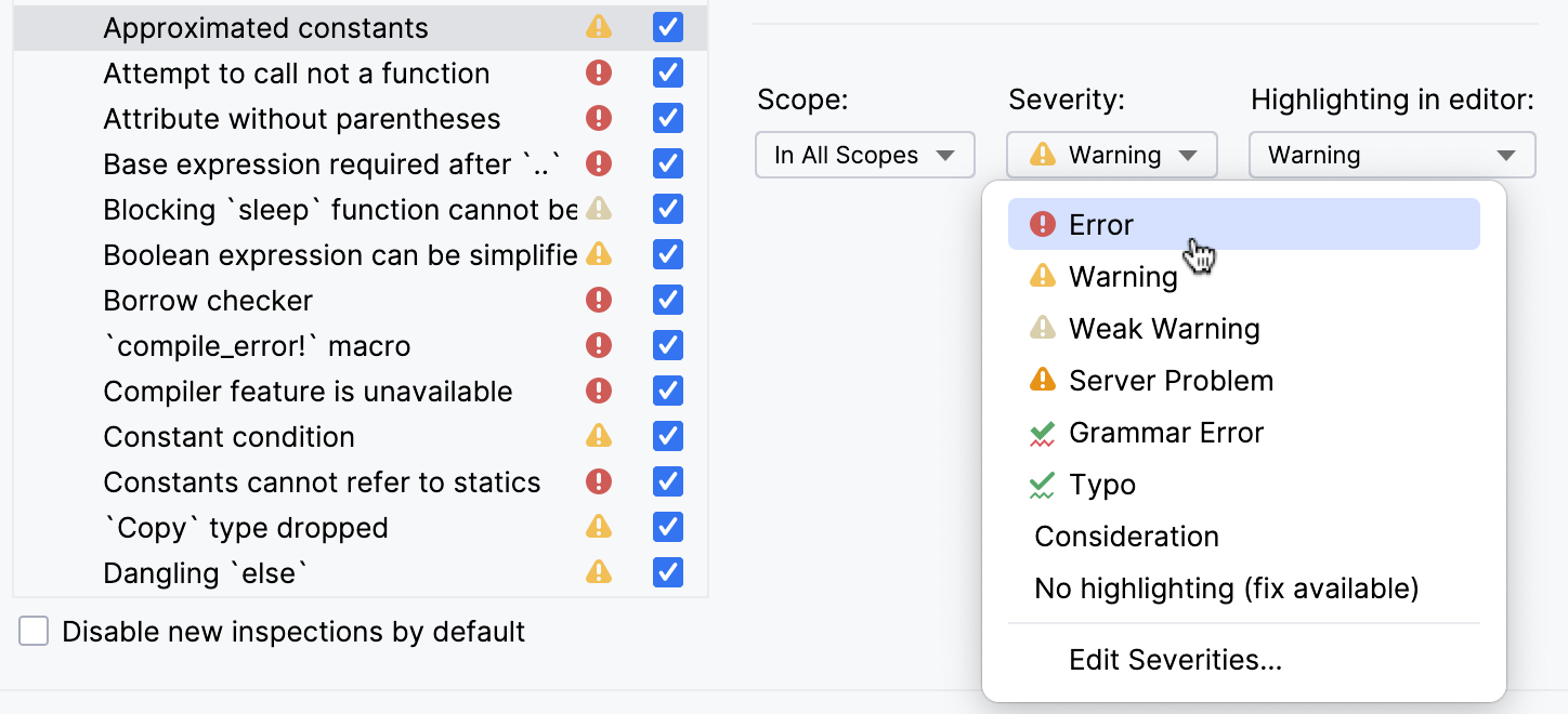 Selecting severity level for an inspection