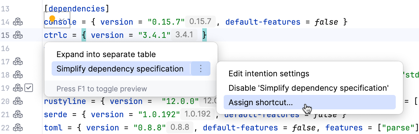 Assigning keyboard shortcut to intention action