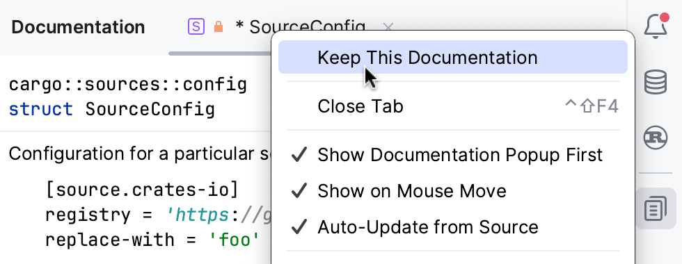 Keep Quick Documentation in tool window