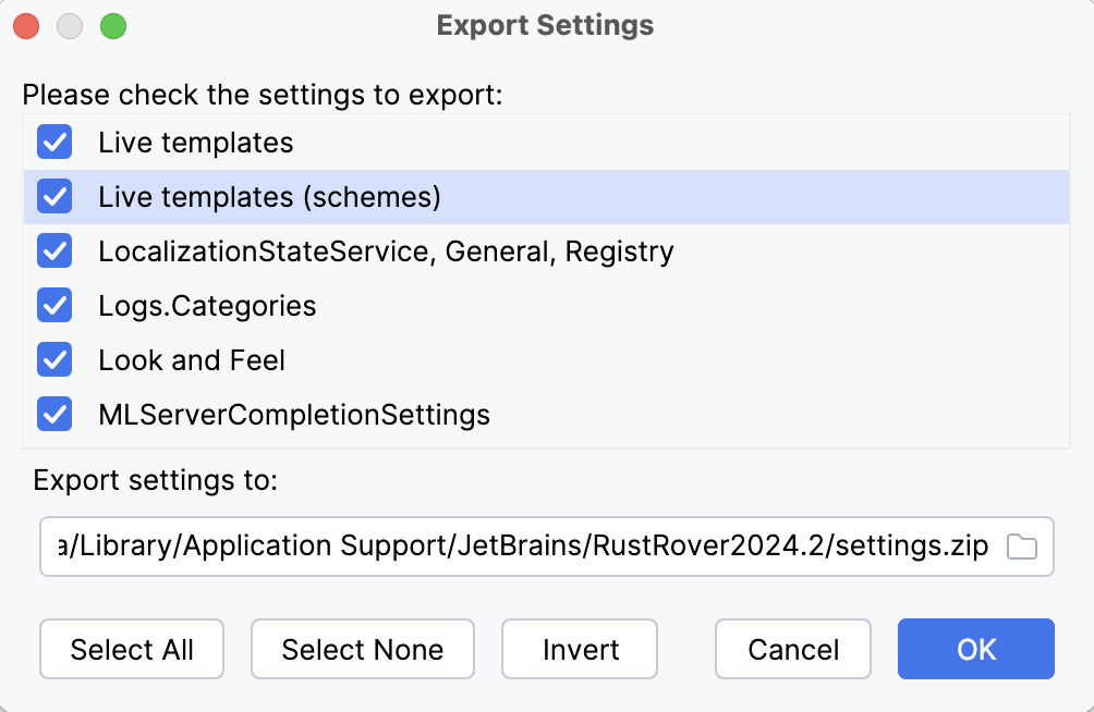 Export Settings dialog