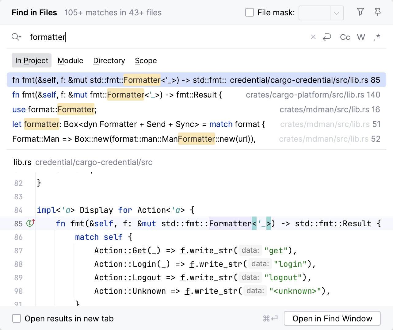 Customize RustRover: search and replace