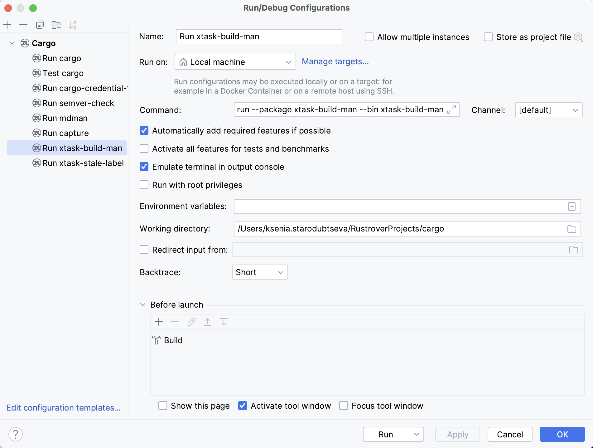 Cargo configuration settings