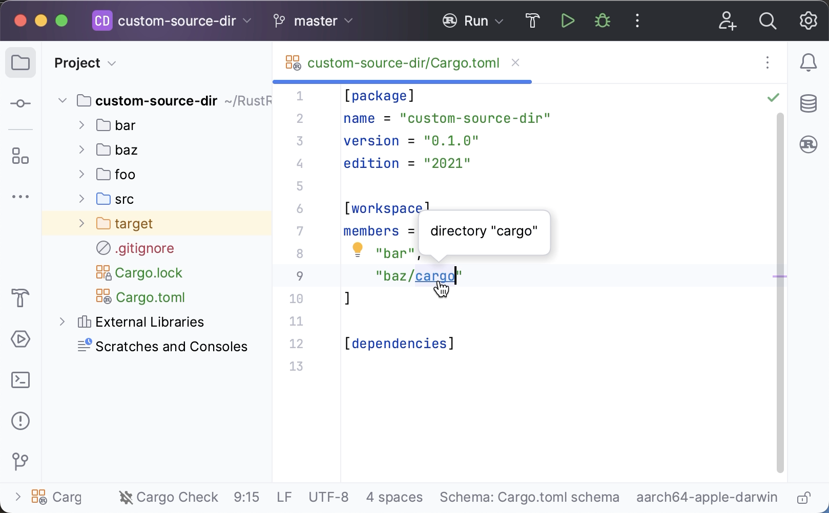 Code insight for paths in Cargo.toml