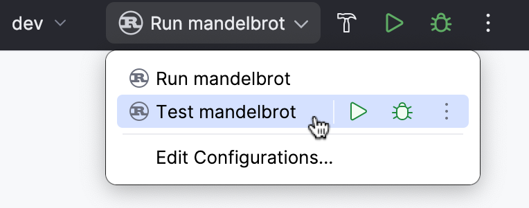 Selecting the default test project run/debug configuration