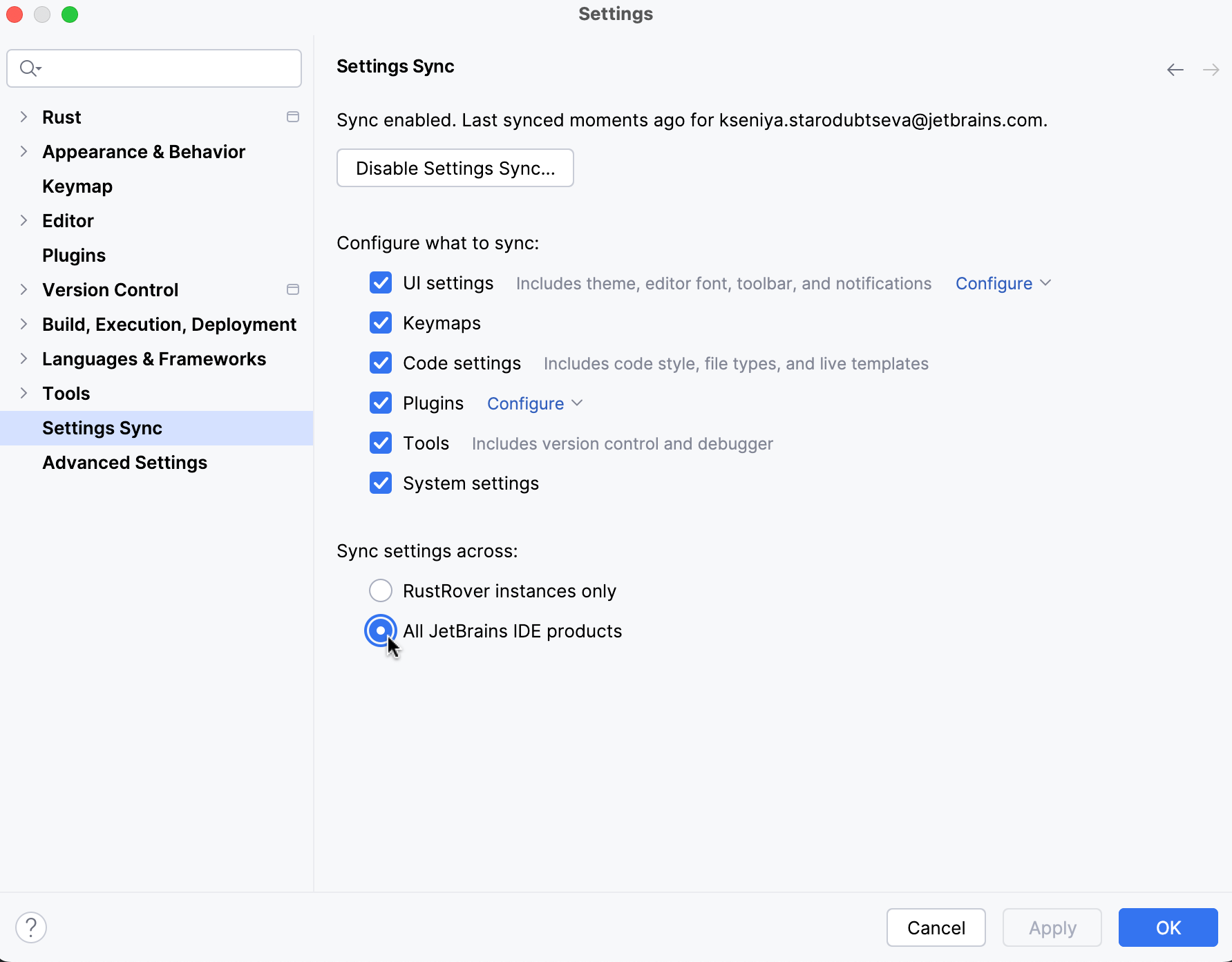 Settings Sync window