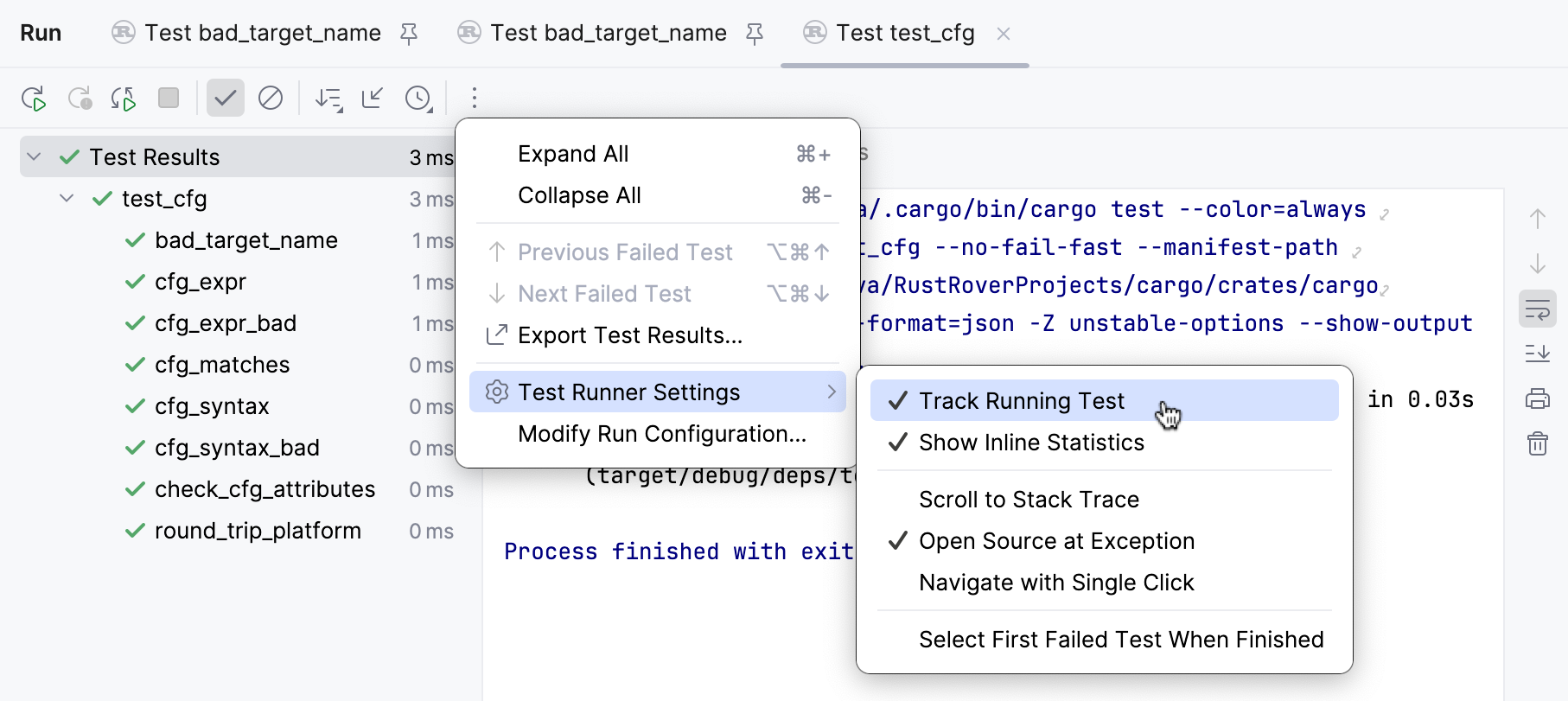 Test runner settings