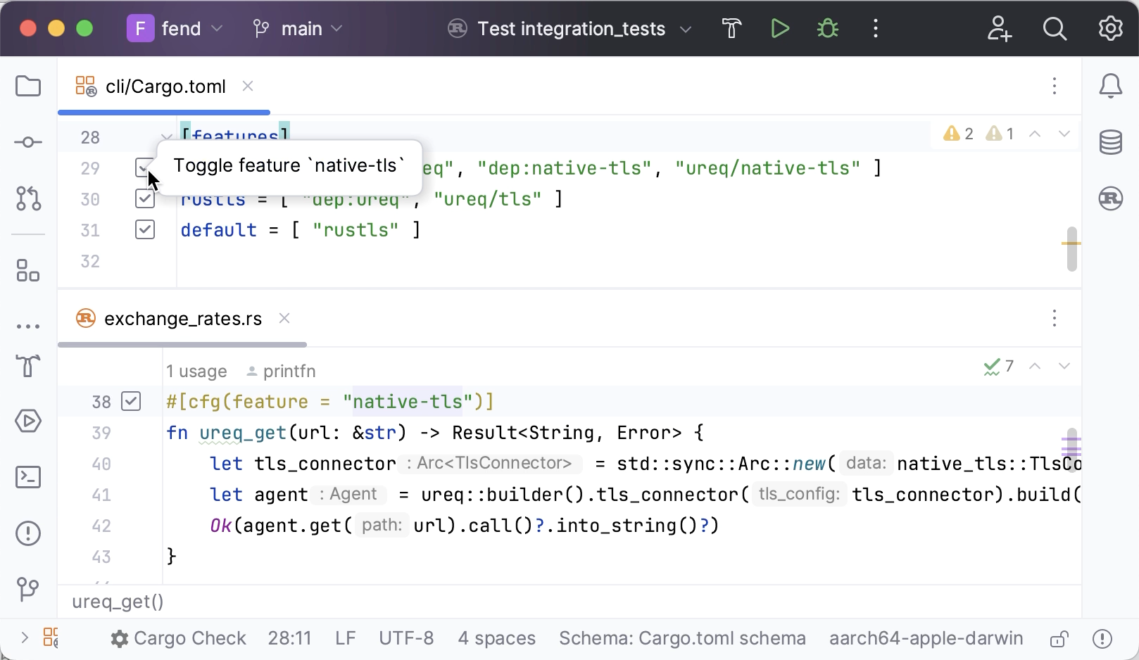 Toggling a specific Cargo feature: from Cargo.toml and from the sources