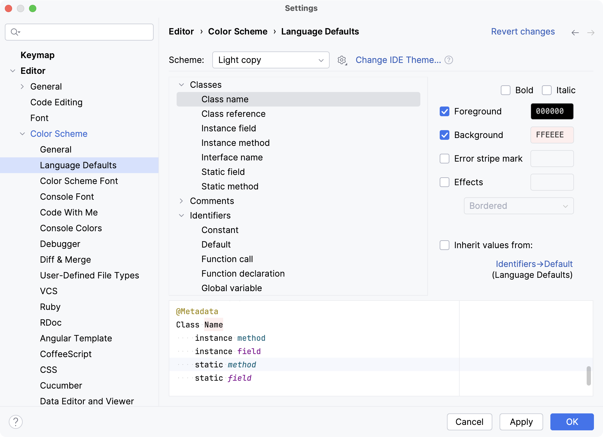 Language Defaults section under Color Scheme settings