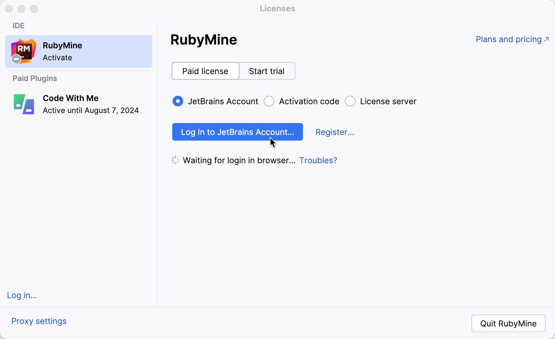 Activate RubyMine license with a JB Account