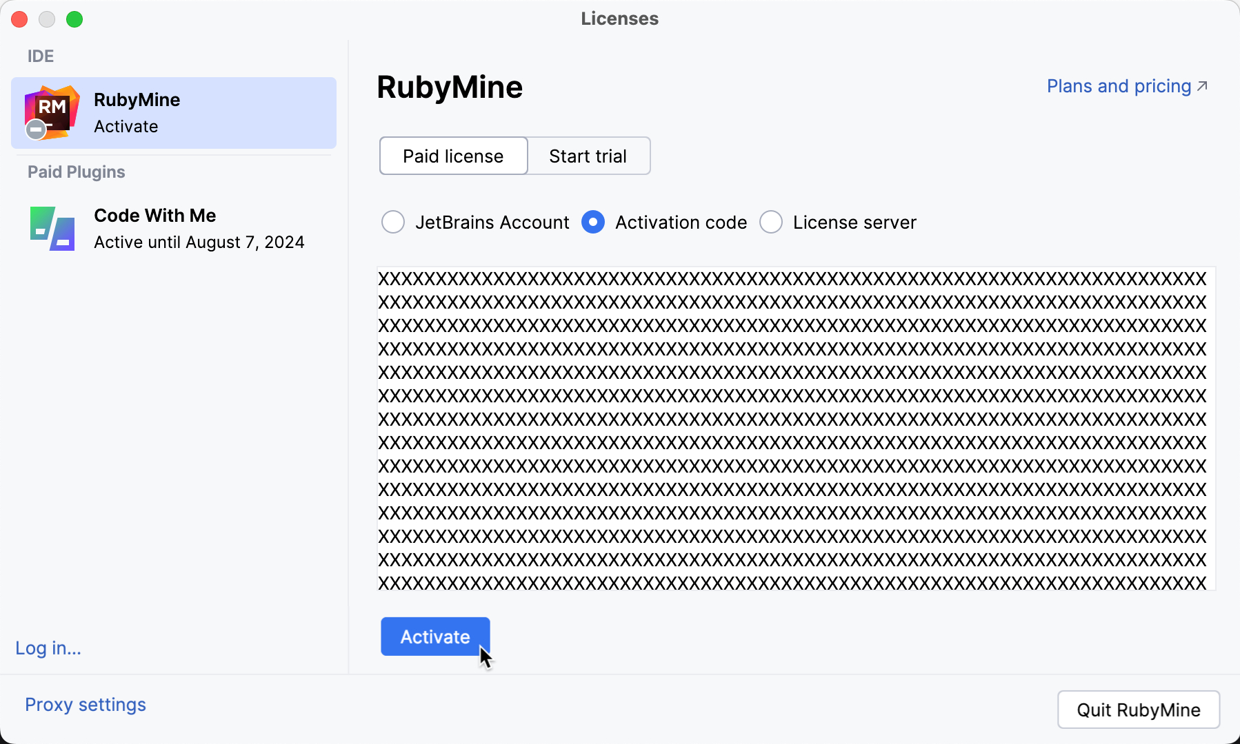 Activate RubyMine license with an activation code