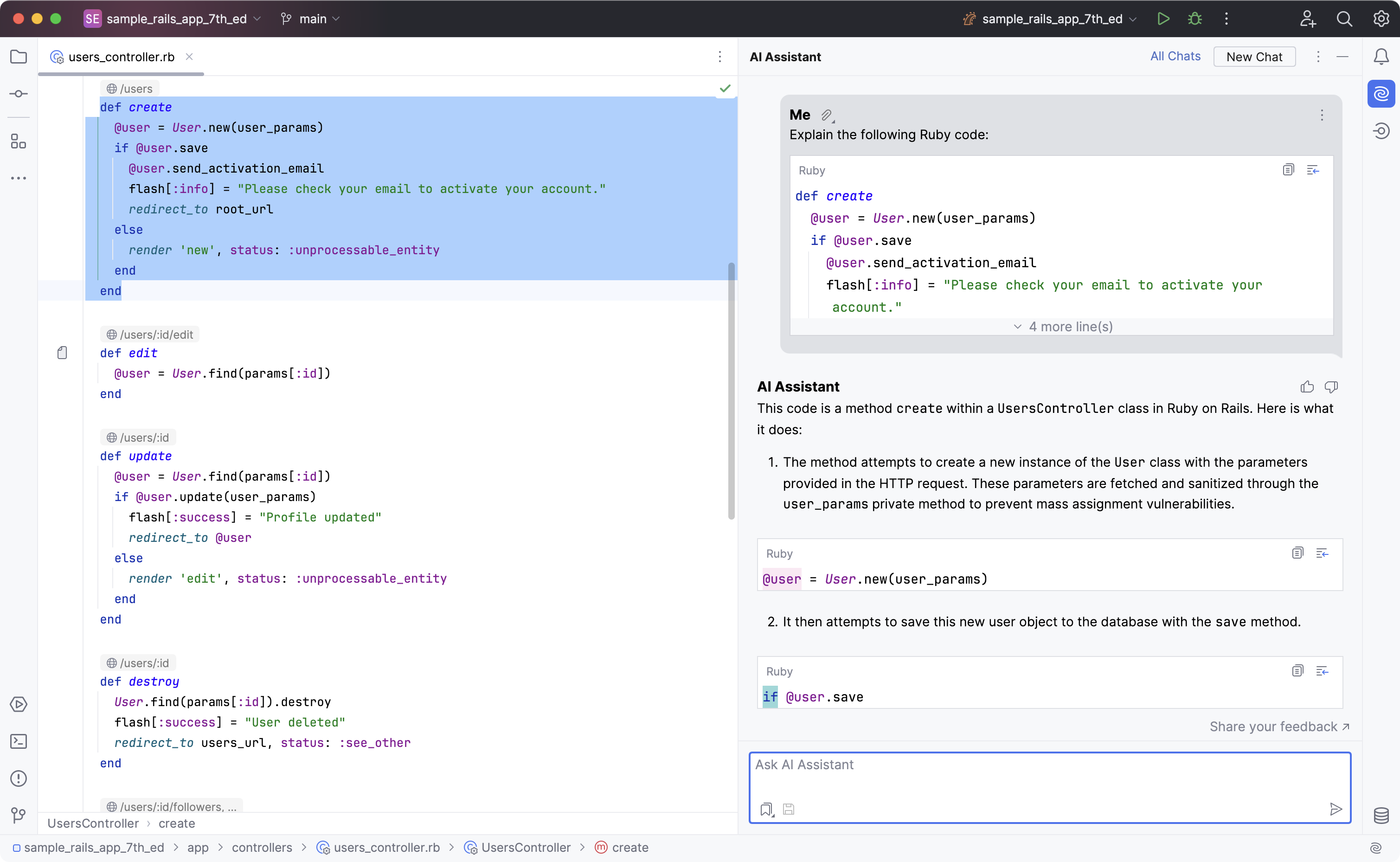 RubyMine AI Assistant explains code